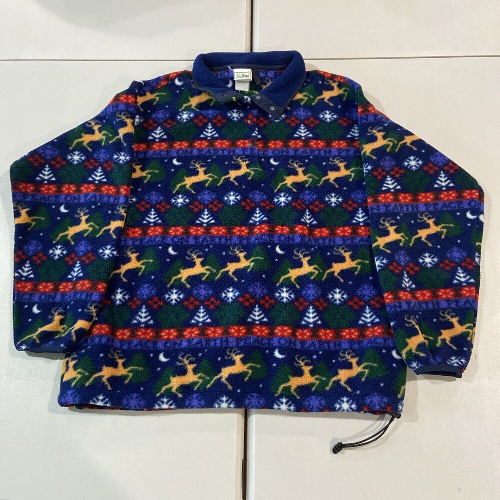VTG LL BEAN REINDEER CHRISTMAS FLEECE SNAP PULLOVER WOMEN'S LARGE PEACE ON EARTH